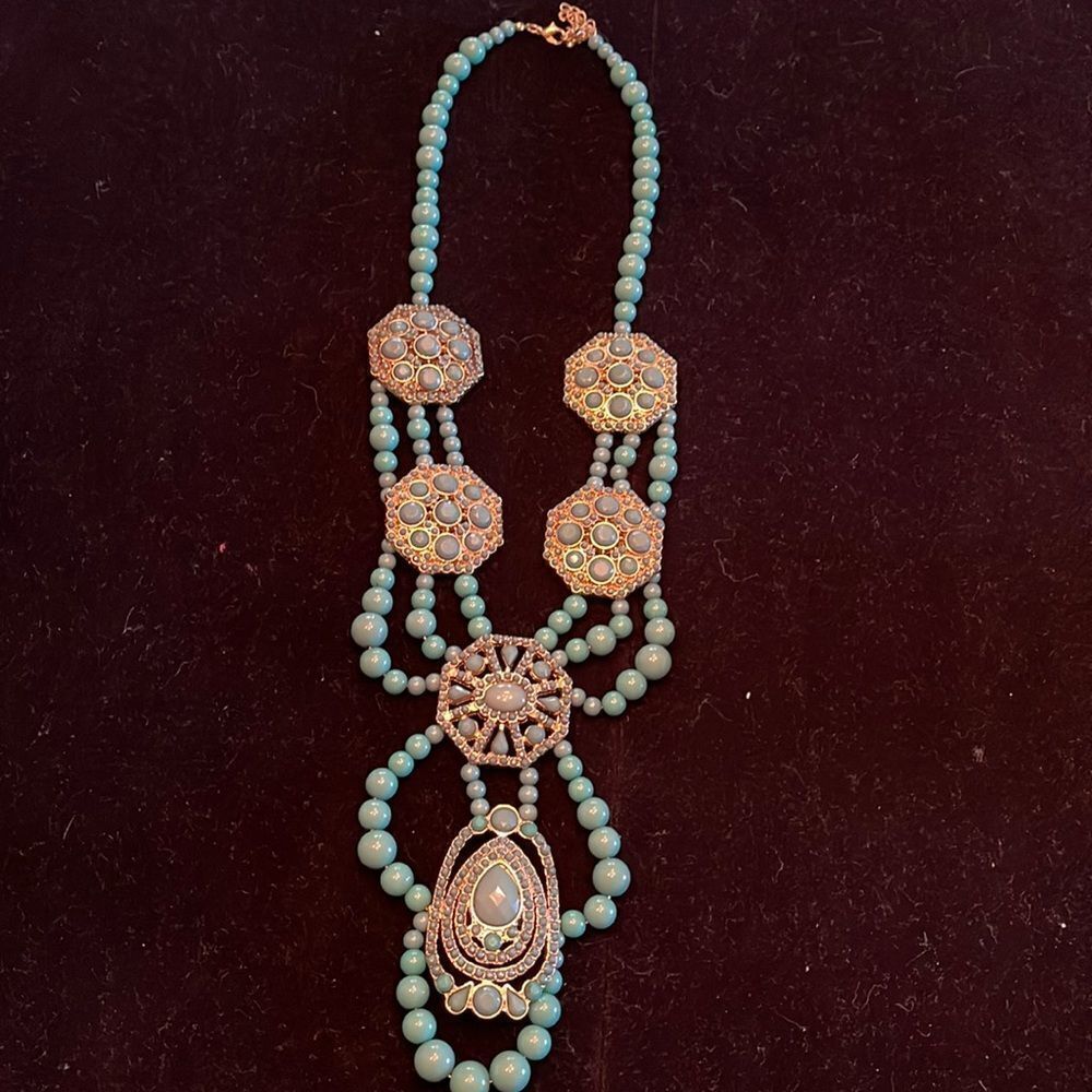 Statement teal color necklace. Approximately 30” long.